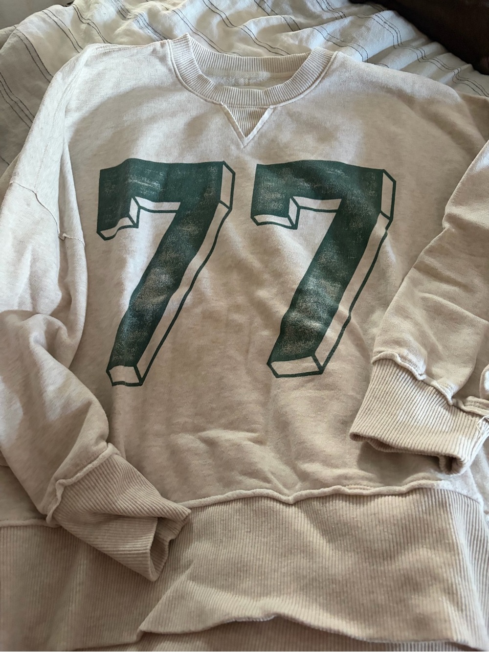 Women’s Cream Crewneck Sweatshirt with Green '77' Graphic
